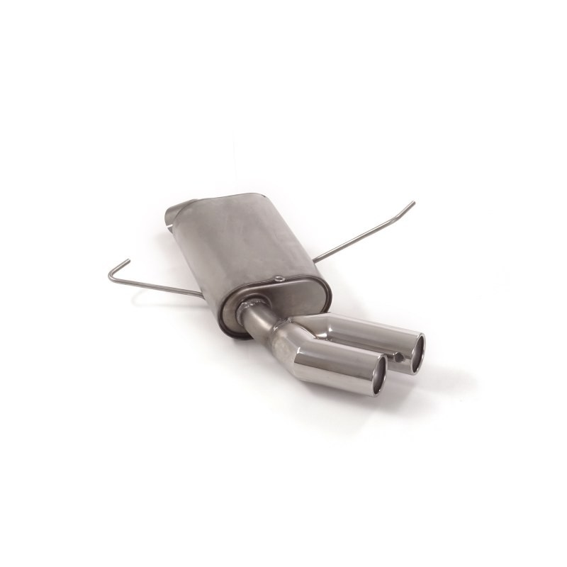 Silencieux arrière en inox avec 2 sorties rondes 76 mm décalées Silencieux arrière en inox avec 2 sorties rondes 76 mm décalées