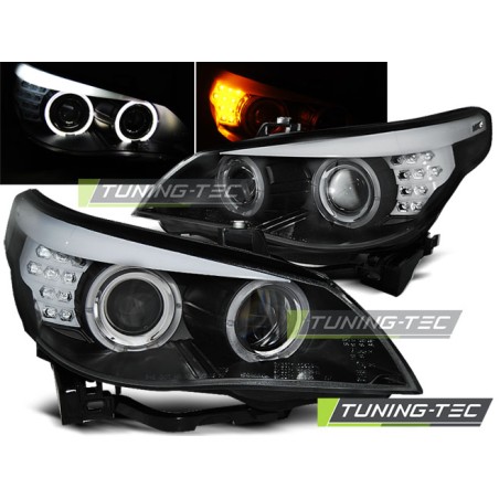 Phares Angel Eyes noirs avec indicateur LED pour BMW E60/E61 03-07