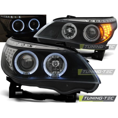 Phares Angel Eyes noirs avec indicateur LED pour BMW E60/E61 03-07