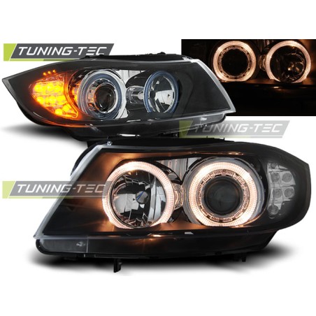 Phares Angel Eyes noirs avec indicateur LED séquentiel pour BMW E90/E91 03.05-08.08