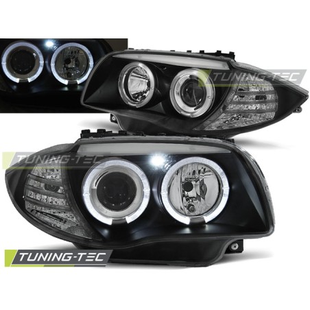 Phares Angel Eyes noirs compatibles avec BMW Série 1 E87/E81/82/88 04-11