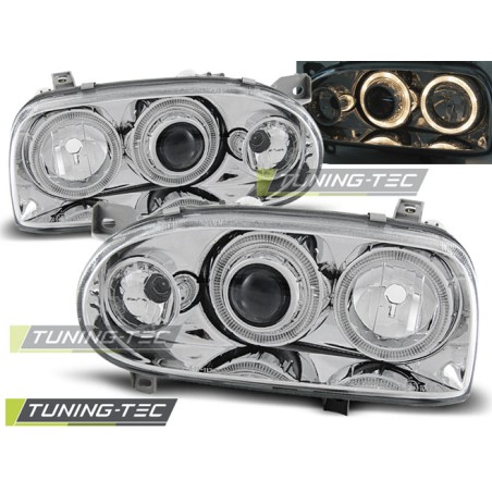 Phares Angel Eyes Chrome pour VW Golf 3 09.91-08.97