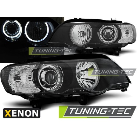 Phares Xénon Angel Eyes LED Noir pour BMW X5 E53 09.99-10.03