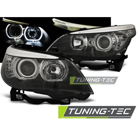 Phares Angel Eyes LED noirs compatibles BMW E60/E61 03-07