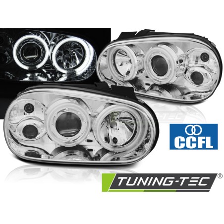 Phares Angel Eyes CCFL Chrome pour VW Golf 4 09.97-09.03