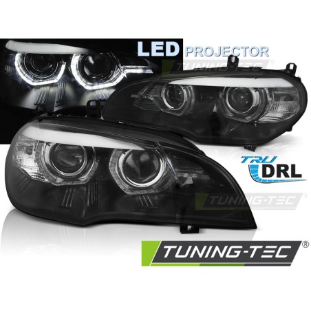 PHARES LED ANGEL EYES LED DRL NOIR pour BMW X5 E70 07-13 (XENON OEM)