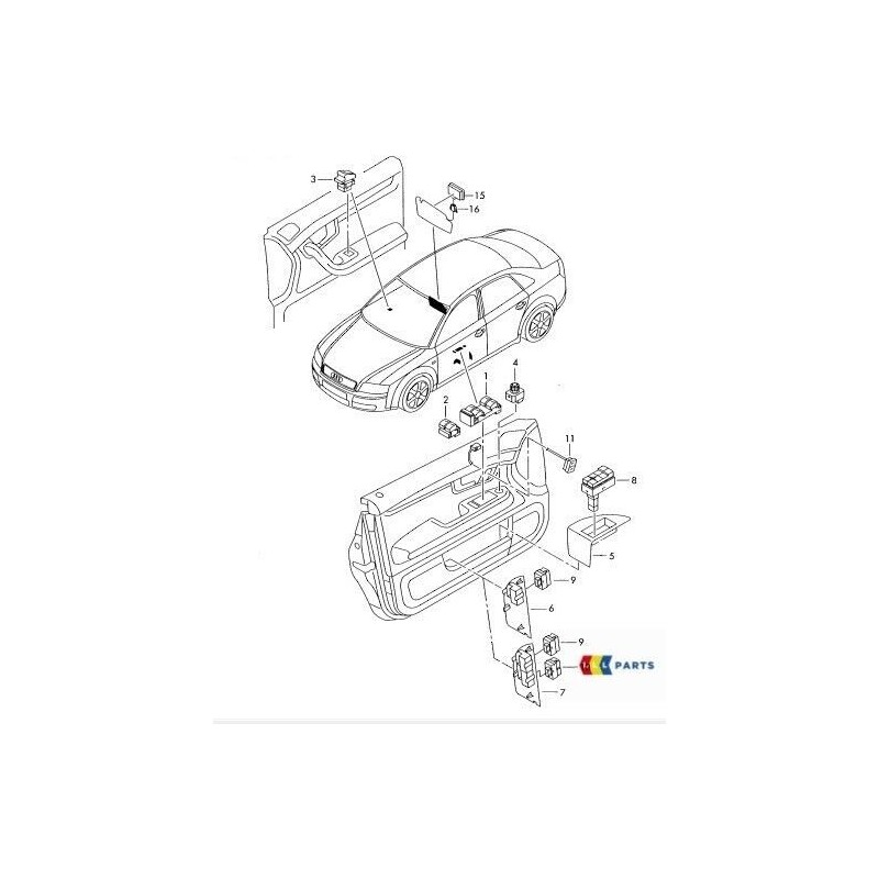 Interrupteur de Lève-vitre Original Audi Noir 1-Voie 8Z09598555PR