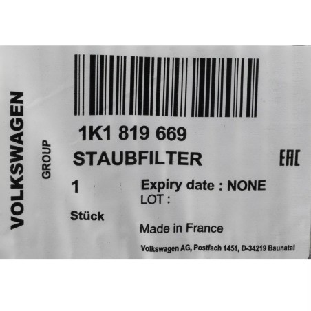 Filtre Anti-Allergène Original VW Audi pour Poussières Fines 1K1819669
