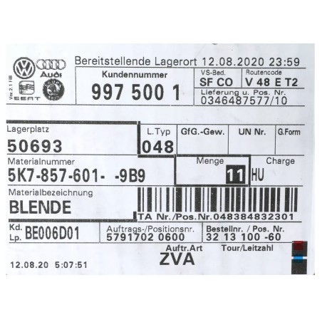 Cadre intérieur gauche pour rétroviseur extérieur VW, noir satiné Cadre intérieur gauche pour rétroviseur extérieur VW, noir satiné