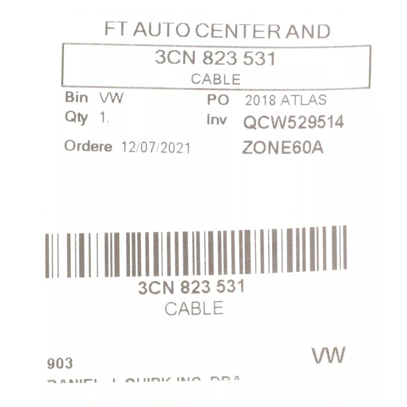 Câble de déverrouillage du capot OEM 2018-2020 Volkswagen Atlas NEUF 3CN-823-531