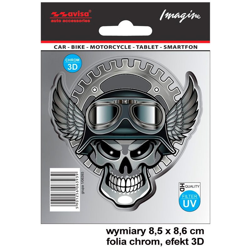 Autocollant AutoTattoo Gearwheel Skull 3D Chrome - 8,5 x 8,6 cm