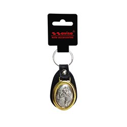Porte-clés en acier inoxydable et faux cuir - 'St.Christopher' (Argent)