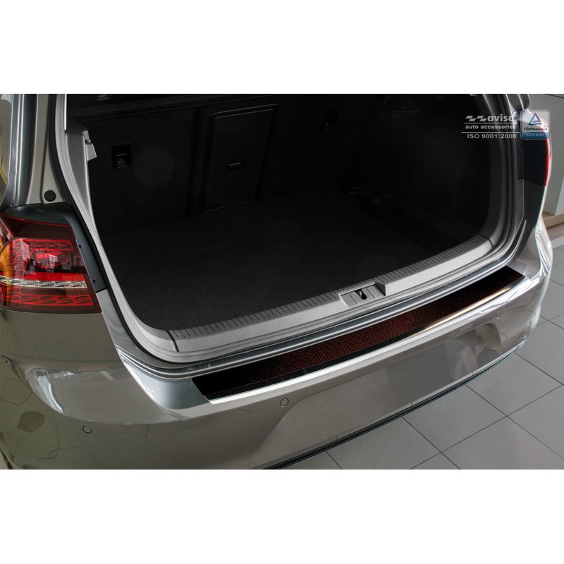 Protection de seuil arrière inox 'Deluxe' sur mesure pour Volkswagen Golf VII HB 3/5-portes 2012-2019 Chromé/Carboné noir-rouge