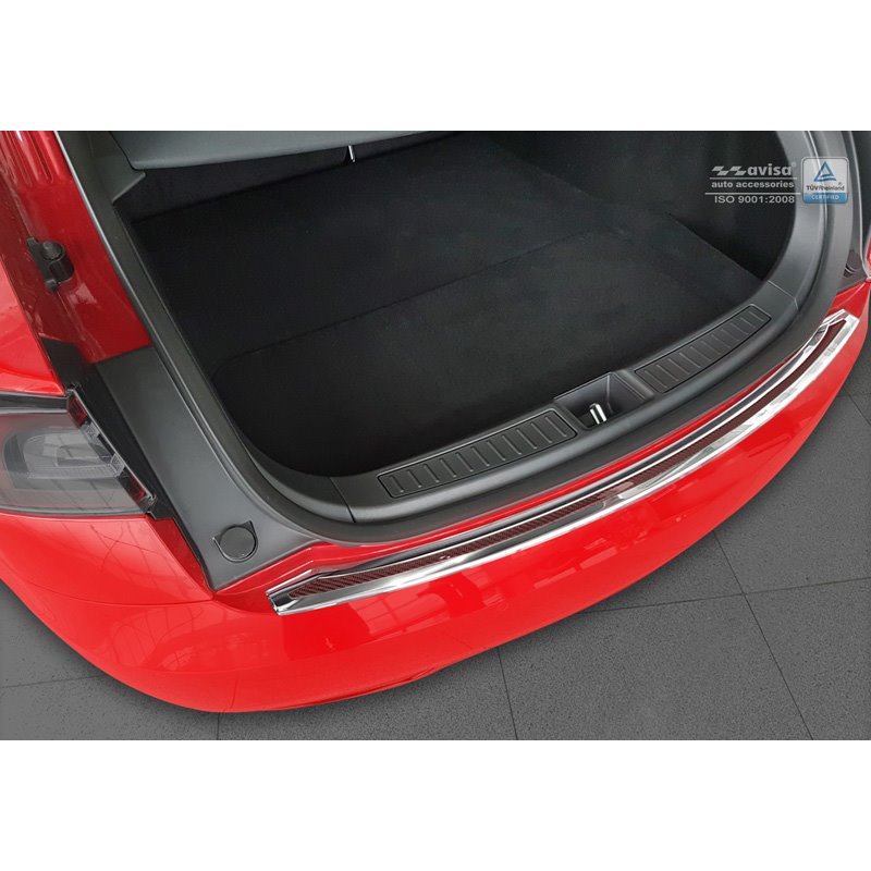 Protection de seuil arrière inox 'Deluxe' sur mesure pour Tesla Model S 2012-2016 & Facelift 2016- Chromé/Carboné noir-rouge