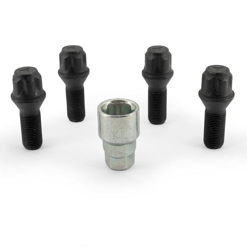 Jeu de antivol de roue H&R M14x1.25x28mm conique Noir - 4 boulons antivol de roues avec adaptateur