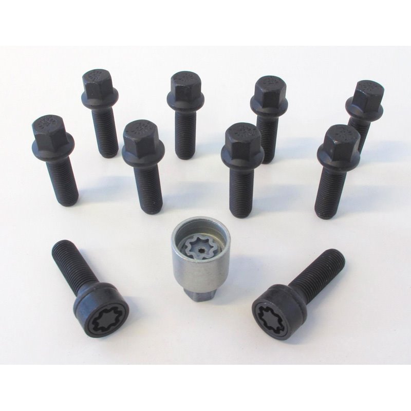 Jeu de Boulons de roue H&R sphérique R14 M14x1.50 - Longueur 31mm - Noir - 10 pièces - antivol de roue inclus