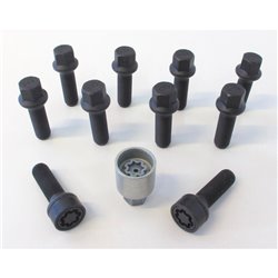 Jeu de Boulons de roue H&R sphérique R14 M14x1.50 - Longueur 65mm - Noir - 10 pièces - antivol de roue inclus