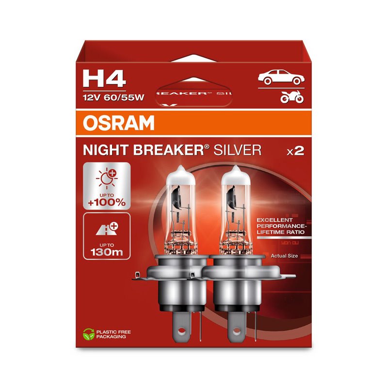 Osram Night Breaker Silver Ampoules Halogène - H4 - 12V/60-55W - set à 2 pièces