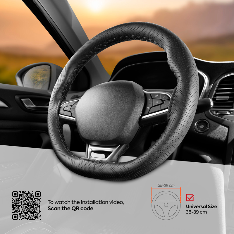 Housse de volant universel Classic - Cuir PVC perforé noir + Surpiqûre noir (laçage)