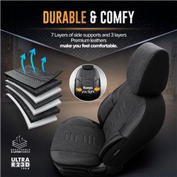 Housse de sièges universel en toile/cuir/textile 'Throne' Noir/Gris - 11-pièces - adapté aux Side-Airbags