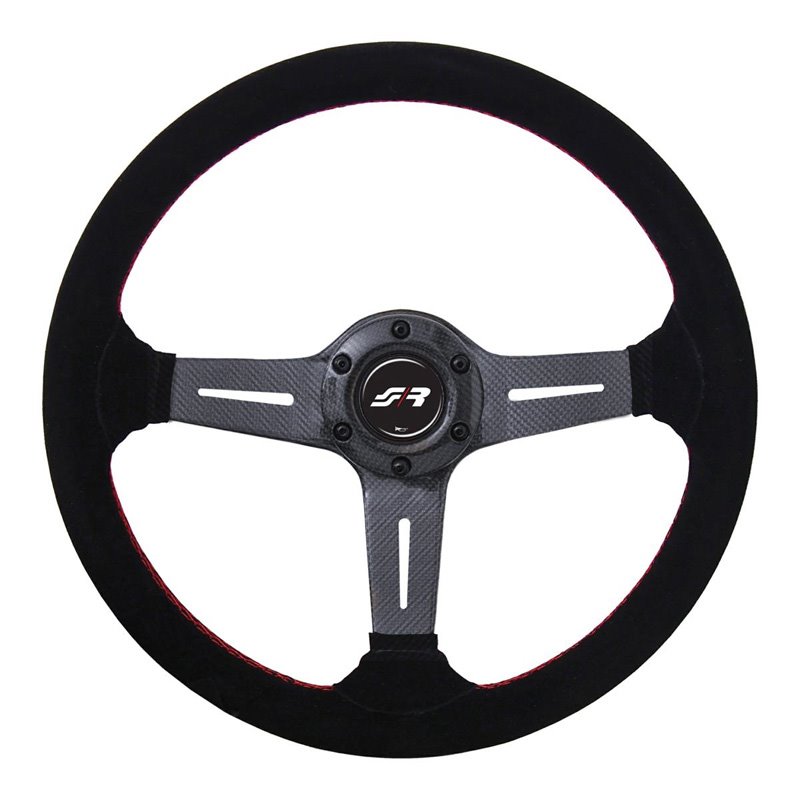 Simoni Racing Volant Universel Carlos - Carbone - Suède Noir + Couture Rouge - Diamètre 350mm