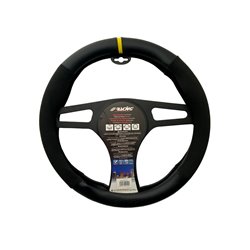 Simoni Racing Couvre-Volant Sporty - Eco-Cuir Noir/Microfibre/Aspect Carbone + Marquage Jaune - 37-39cm