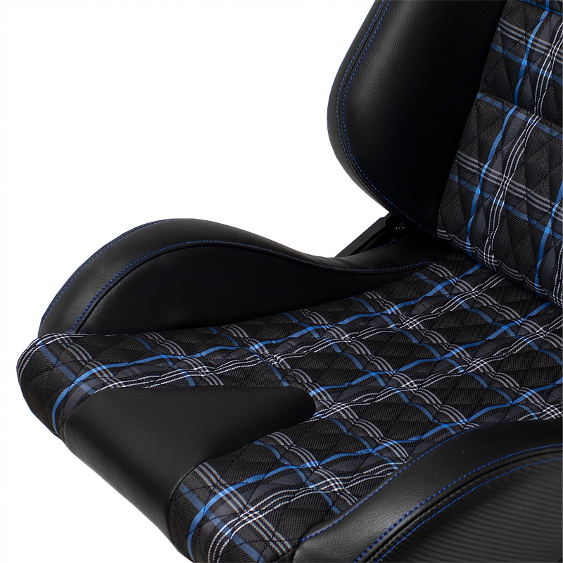 Siège baquet 'GT' - Simili Cuir Noir + Tissu en motif à carreaux Bleu + Surpiqûres Bleu - Dossier régable - incl. glissières