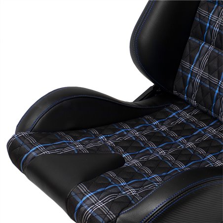 Siège baquet 'GT' - Simili Cuir Noir + Tissu en motif à carreaux Bleu + Surpiqûres Bleu - Dossier régable - incl. glissières