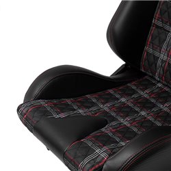 Siège baquet 'GT' - Simili Cuir Noir + Tissu en motif à carreaux Rouge + Surpiqûres Rouge - Dossier régable - incl. glissières