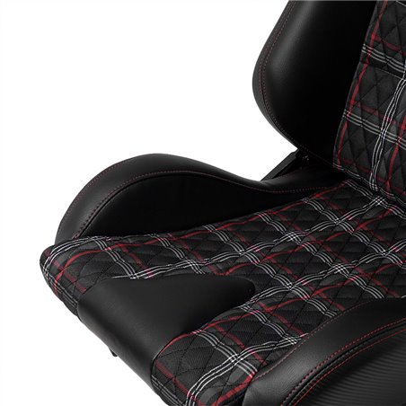 Siège baquet 'GT' - Simili Cuir Noir + Tissu en motif à carreaux Rouge + Surpiqûres Rouge - Dossier régable - incl. glissières