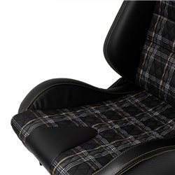 Siège baquet 'GT' - Simili Cuir Noir + Tissu en motif à carreaux Jaune + Surpiqûres Jaune - Dossier régable - incl. glissières