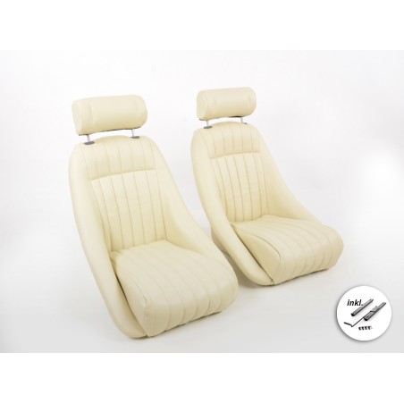 FK Oldtimersitze Sièges baquets complets pour voiture Set Classic 2 simili cuir beige avec appuie-tête