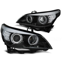 Phares Angel Eyes noirs avec indicateur LED pour BMW E60/E61 03-07