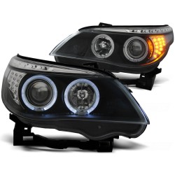 Phares Angel Eyes noirs avec indicateur LED pour BMW E60/E61 03-07