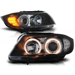 Phares Angel Eyes noirs avec indicateur LED séquentiel pour BMW E90/E91 03.05-08.08