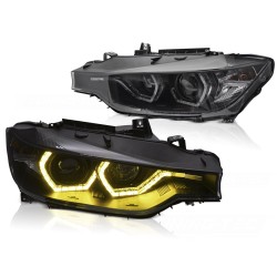 PHARES ANGEL EYES JAUNE LED DRL NOIR pour BMW F30/F31 11-15