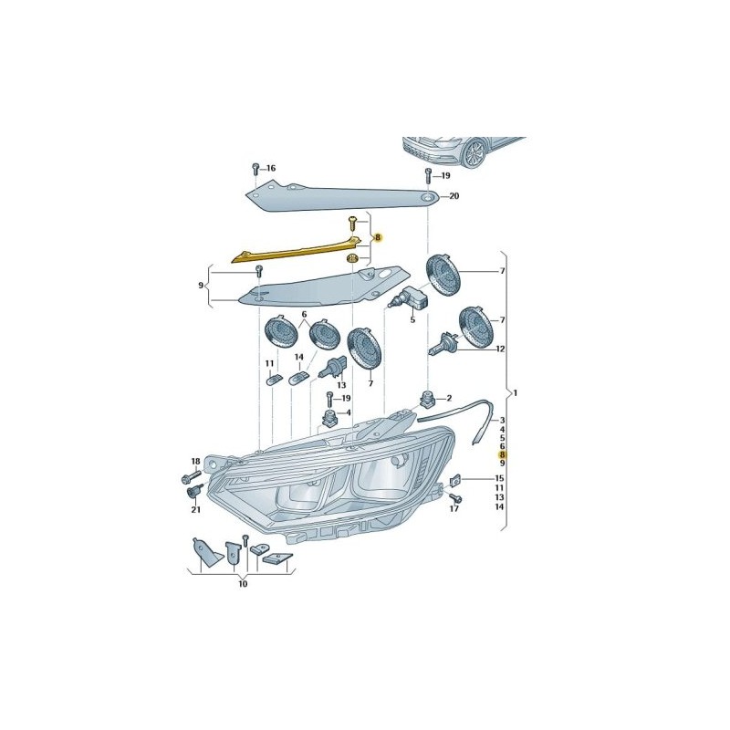 Left headlight  upper  seal VW Passat B8 2015-2024