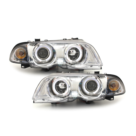 Phares BMW E46 Berline  98-01  avec 2 Anneaux lumineux Angel Eyes  Chrome