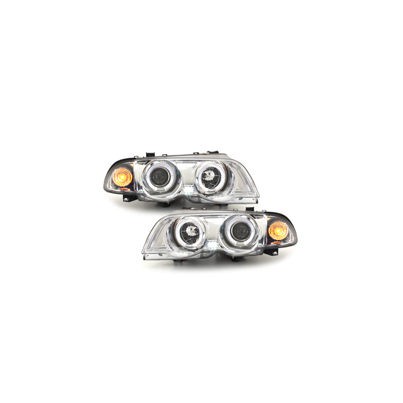 Phares BMW E46 Berline  98-01  avec 2 Anneaux lumineux Angel Eyes  Chrome