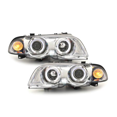 Phares BMW E46 Berline  98-01  avec 2 Anneaux lumineux Angel Eyes  Chrome