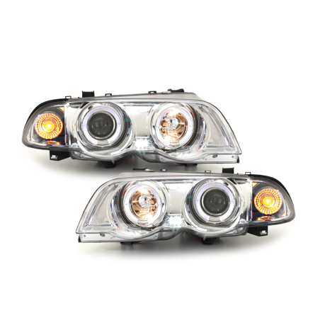 Phares BMW E46 Berline  98-01  avec 2 Anneaux lumineux Angel Eyes  Chrome