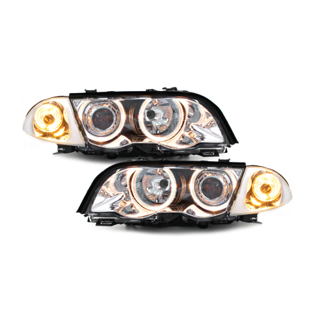 Phares BMW E46 Berline  98-01  avec 2 Anneaux lumineux Angel Eyes  Chrome