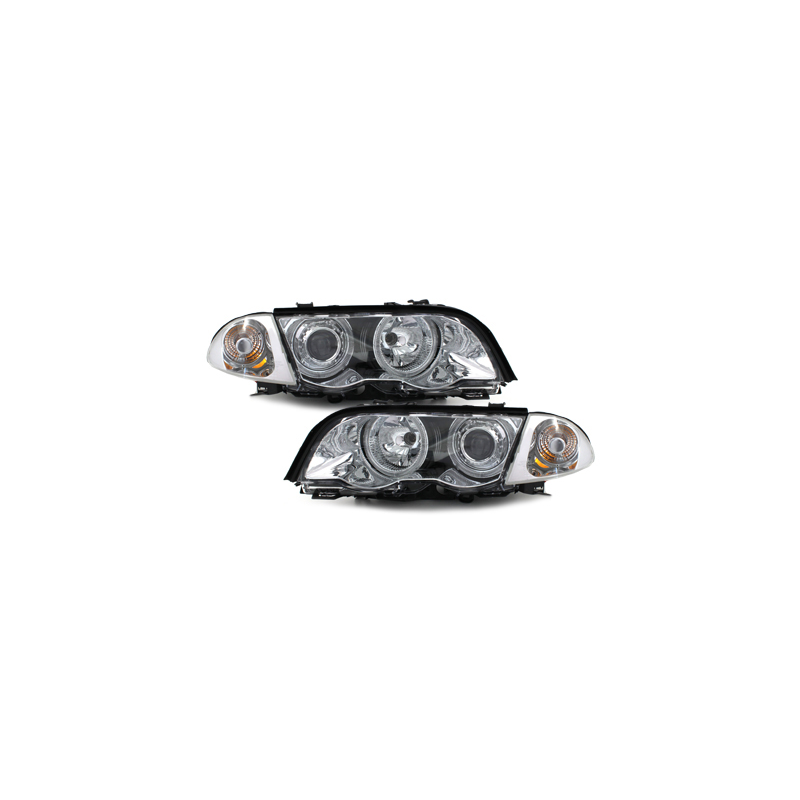 Phares BMW E46 Berline  98-01  avec 2 Anneaux lumineux Angel Eyes  Chrome