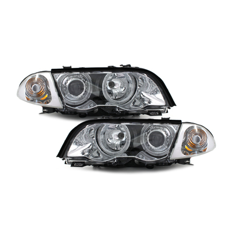 Phares BMW E46 Berline  98-01  avec 2 Anneaux lumineux Angel Eyes  Chrome