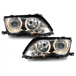 Phares BMW E46 Berline  01-03  avec 2 Anneaux lumineux Angel Eyes  Chrome