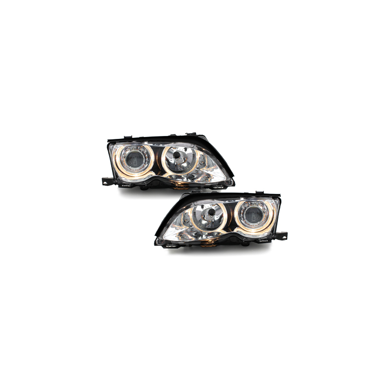 Phares BMW E46 Berline  01-03  avec 2 Anneaux lumineux Angel Eyes  Chrome