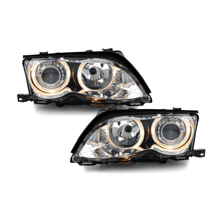 Phares BMW E46 Berline  01-03  avec 2 Anneaux lumineux Angel Eyes  Chrome