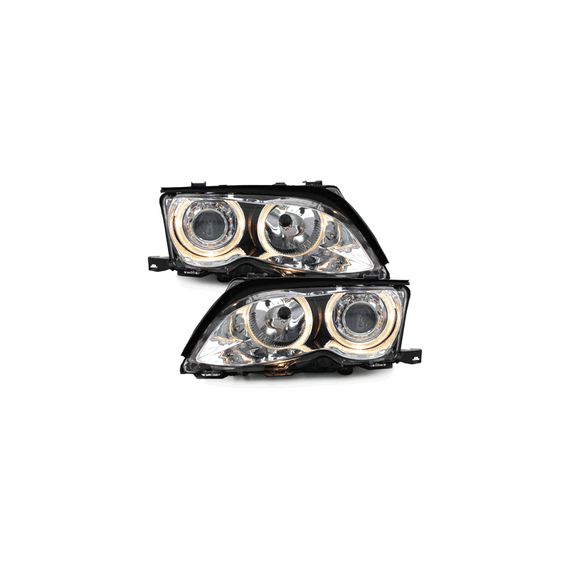 Phares BMW E46 Berline  01-03  avec 2 Anneaux lumineux Angel Eyes  Chrome