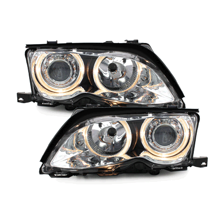 Phares BMW E46 Berline  01-03  avec 2 Anneaux lumineux Angel Eyes  Chrome