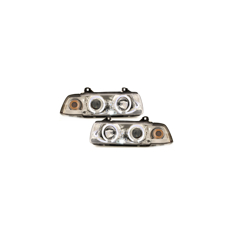 Phares BMW E36 Berline  7.92-3.98  avec anneaux lumineux angel eyes  Chrome